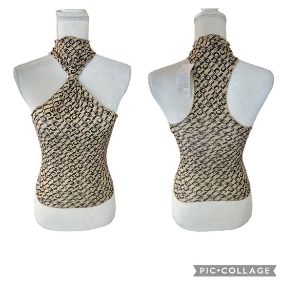 Urban Outfitters Tops - NWT Urban Outfitters Alba Halter Top Black Beige Printed Racerback Size Small
